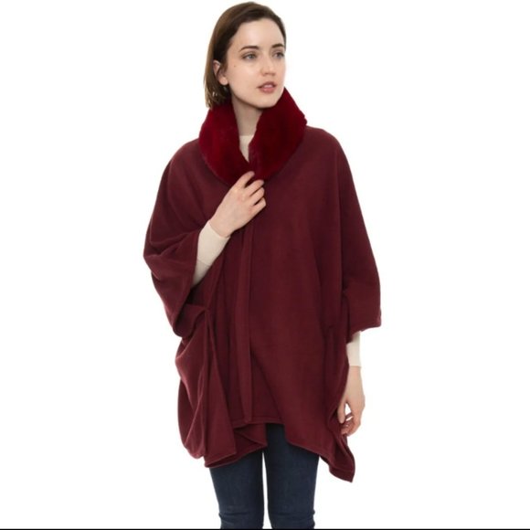 WOMENS WINE RUANA/PONCHO W/FAUX FUR COLLAR  - OS - Picture 8 of 10